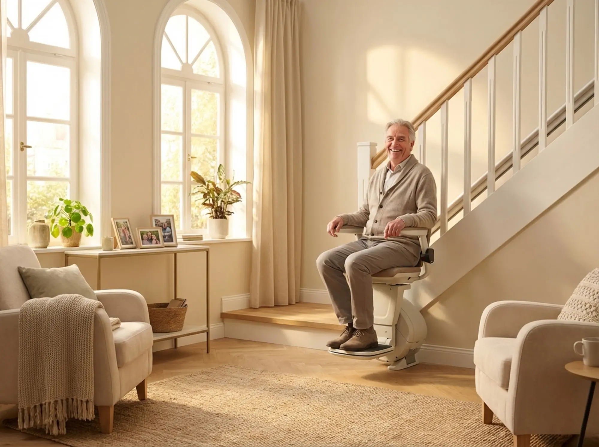 Happy elderly man enjoying his stairlift in a bright modern home