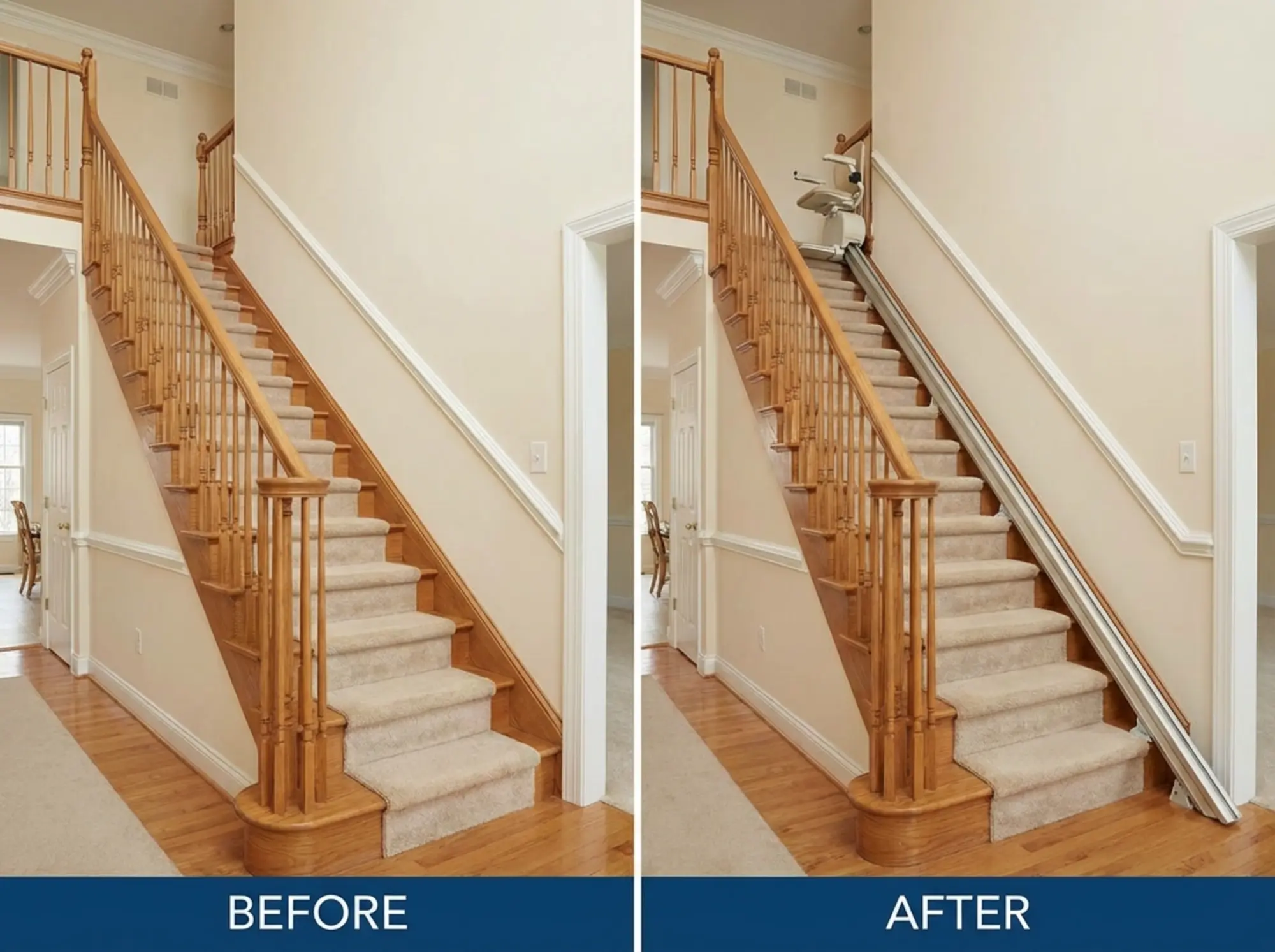 Before and after stairlift installation comparison